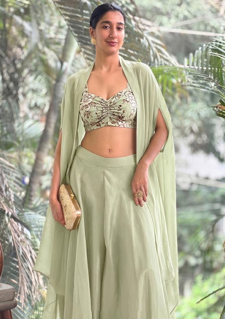 Pastel Green Printed Crepe Fusion Set - Indya