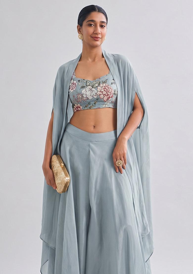 Steel Grey Printed Crepe Fusion Set - Indya