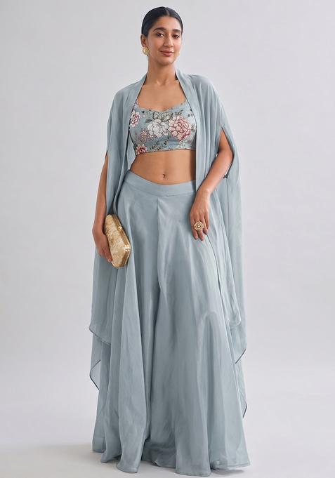Steel Grey Printed Crepe Fusion Set