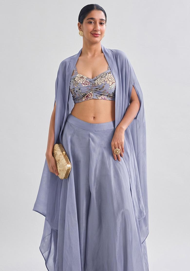 Dusty Lavender Printed Crepe Fusion Set - Indya
