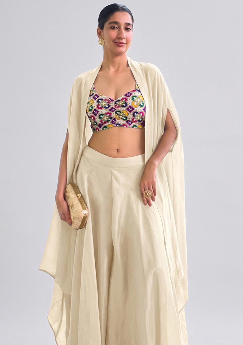 Light Beige Printed Crepe Fusion Set - Indya