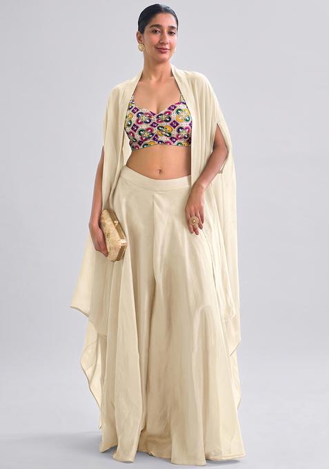 Light Beige Printed Crepe Fusion Set