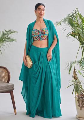 Teal Printed Crepe Fusion Set