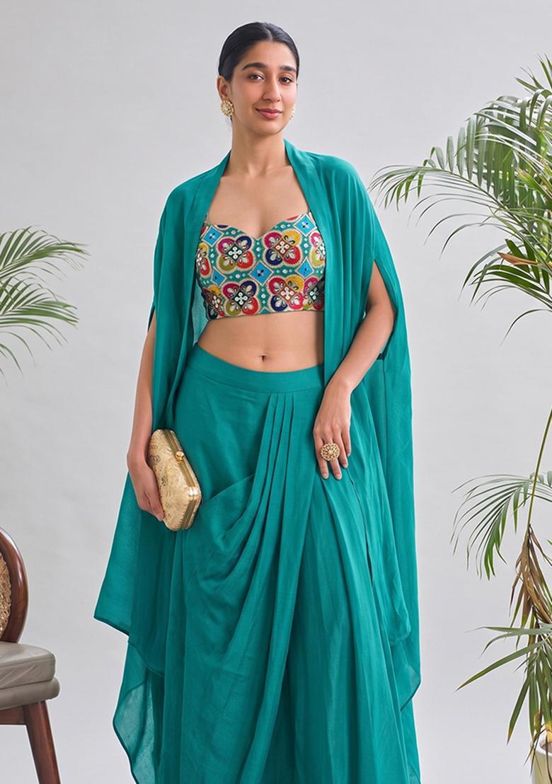 Teal Printed Crepe Fusion Set - Indya