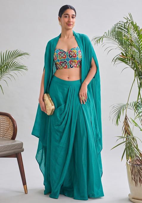Teal Printed Crepe Fusion Set