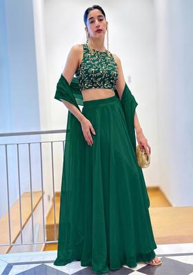 Bottle Green Embroidered Crepe Lehenga Set