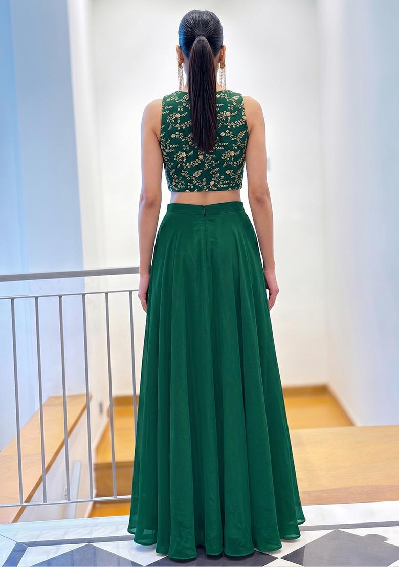 Bottle Green Embroidered Crepe Lehenga Set - Indya