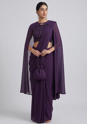 Deep Purple Sequin Work Net Pre Draped Saree Set