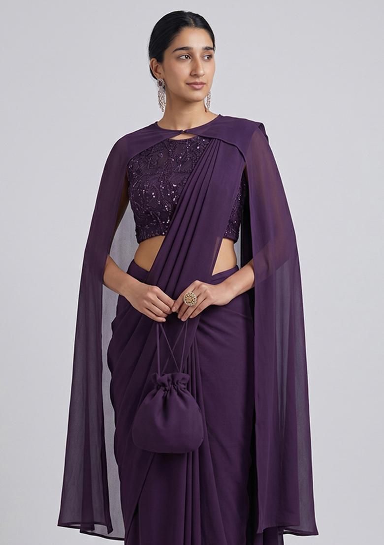 Deep Purple Sequin Work Net Pre Draped Saree Set - Indya