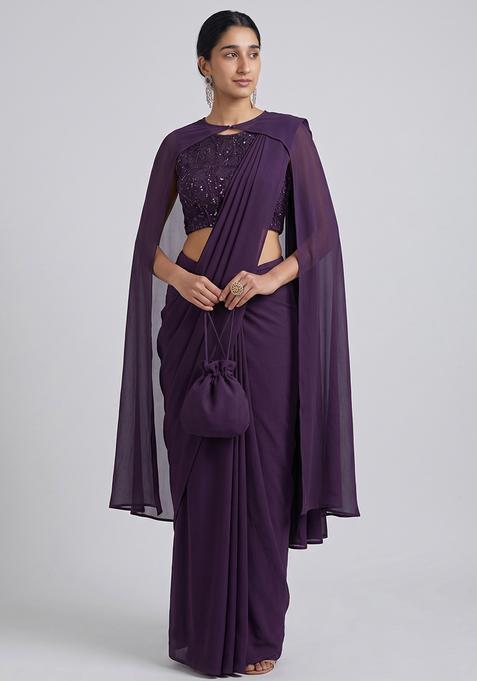 Deep Purple Sequin Work Net Pre Draped Saree Set