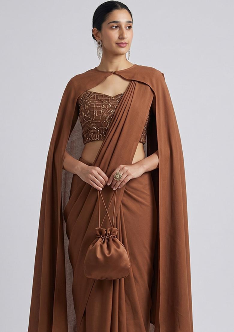 Chocolate Brown Embellished Net Pre Draped Saree Set - Indya