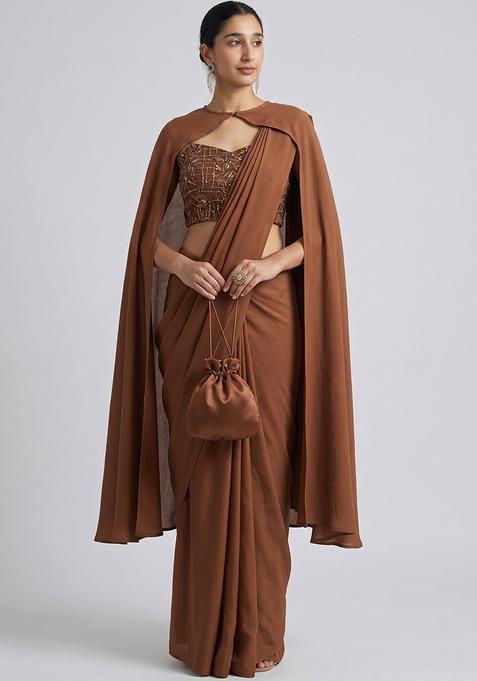 Chocolate Brown Embellished Net Pre Draped Saree Set