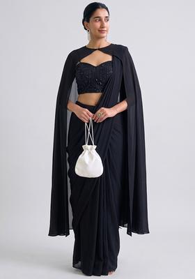 Black Embroidered Net Pre Draped Saree Set
