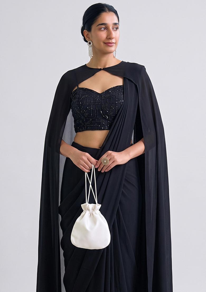 Black Embroidered Net Pre Draped Saree Set - Indya