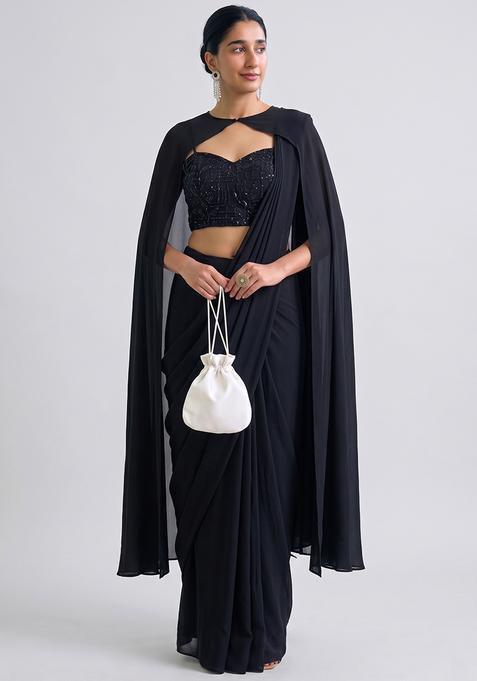 Black Embroidered Net Pre Draped Saree Set