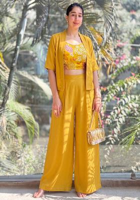 Mustard Printed Silk Fusion Set
