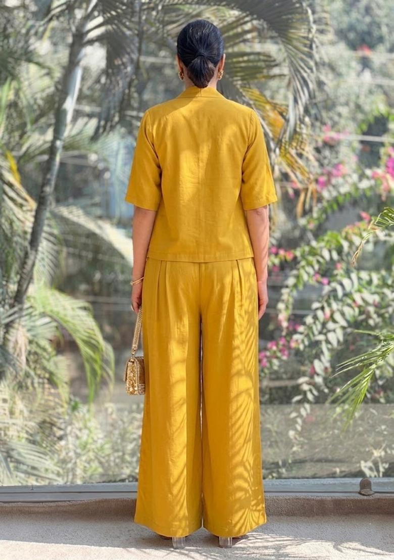 Mustard Printed Silk Fusion Set - Indya