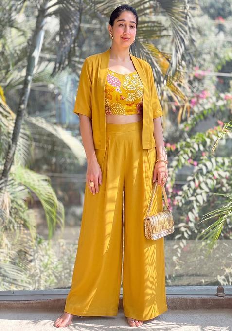 Mustard Printed Silk Fusion Set