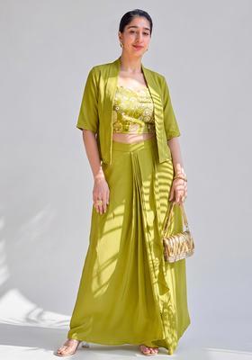 Pistachio Green Printed Silk Fusion Set
