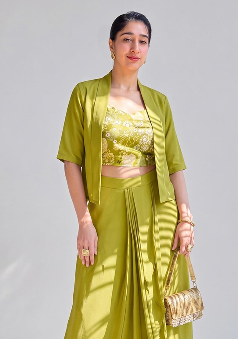 Pistachio Green Printed Silk Fusion Set - Indya