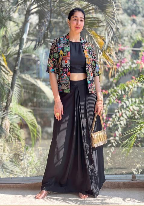 Black Embroidered Crepe Fusion Set