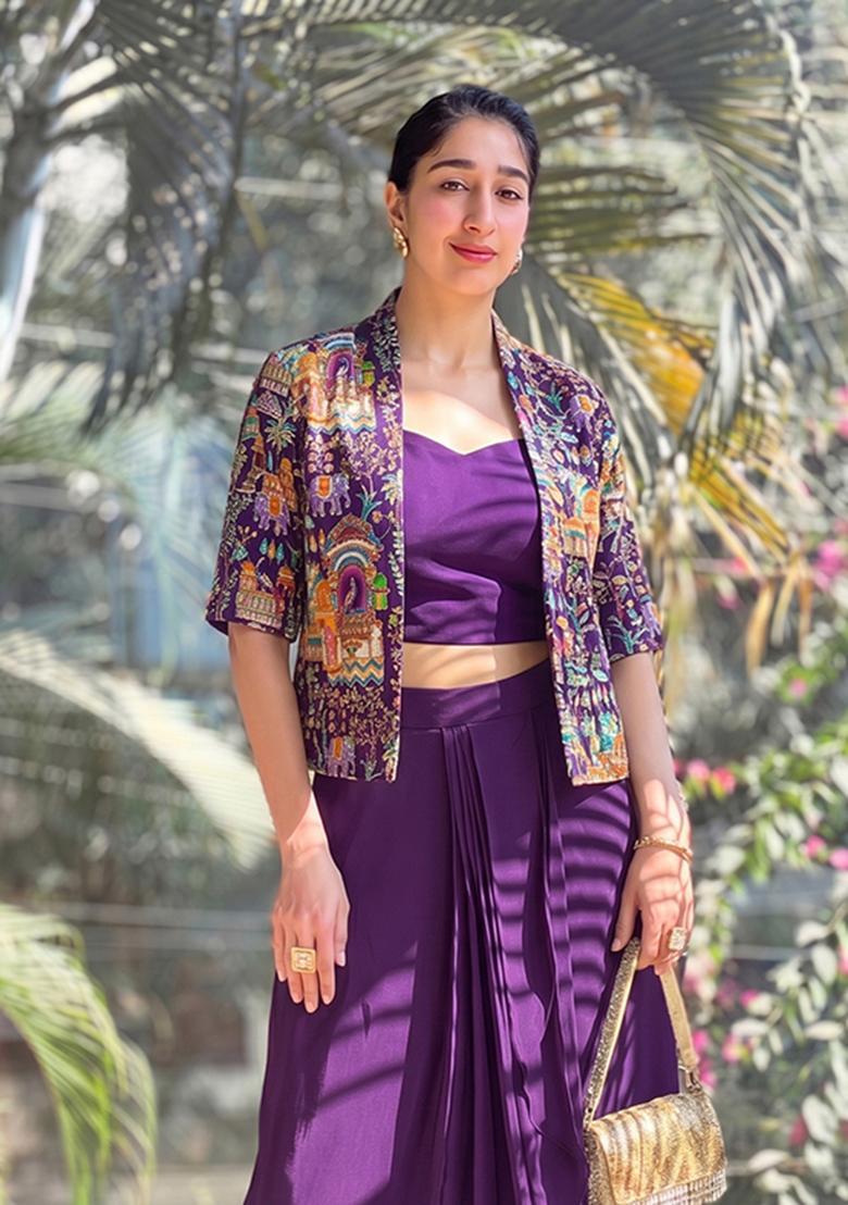 Purple Embroidered Crepe Fusion Set - Indya