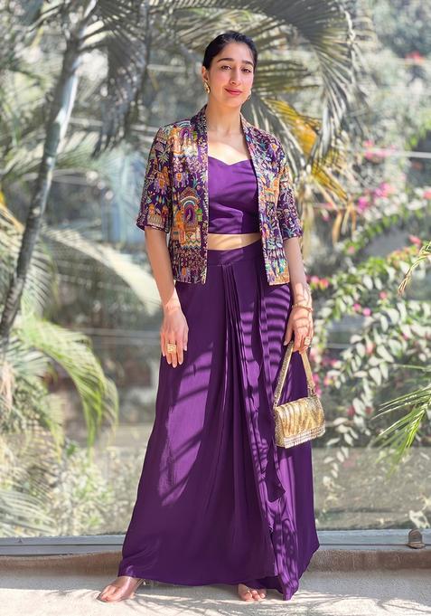 Purple Embroidered Crepe Fusion Set
