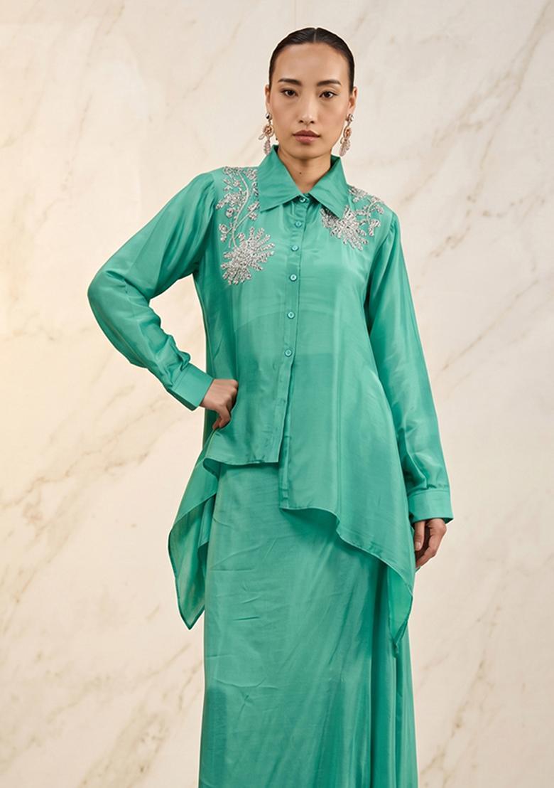 Mint Green Handwork Fusion Set - Indya