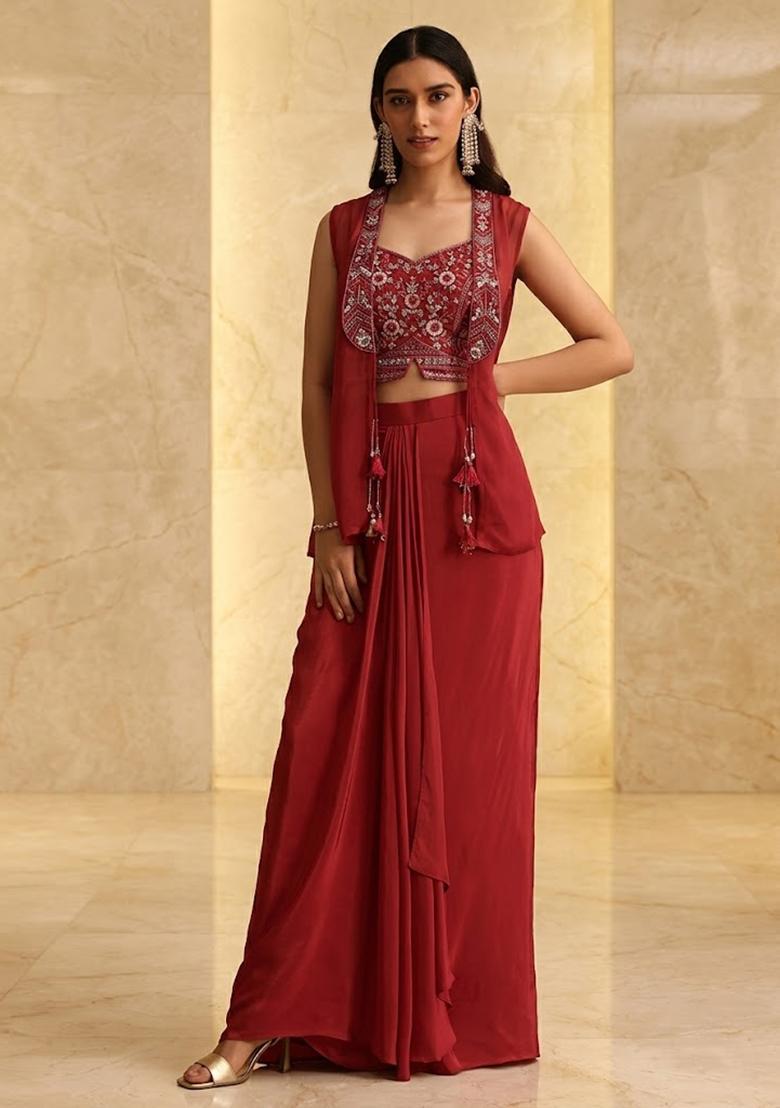 Maroon Handwork Fusion Set - Indya
