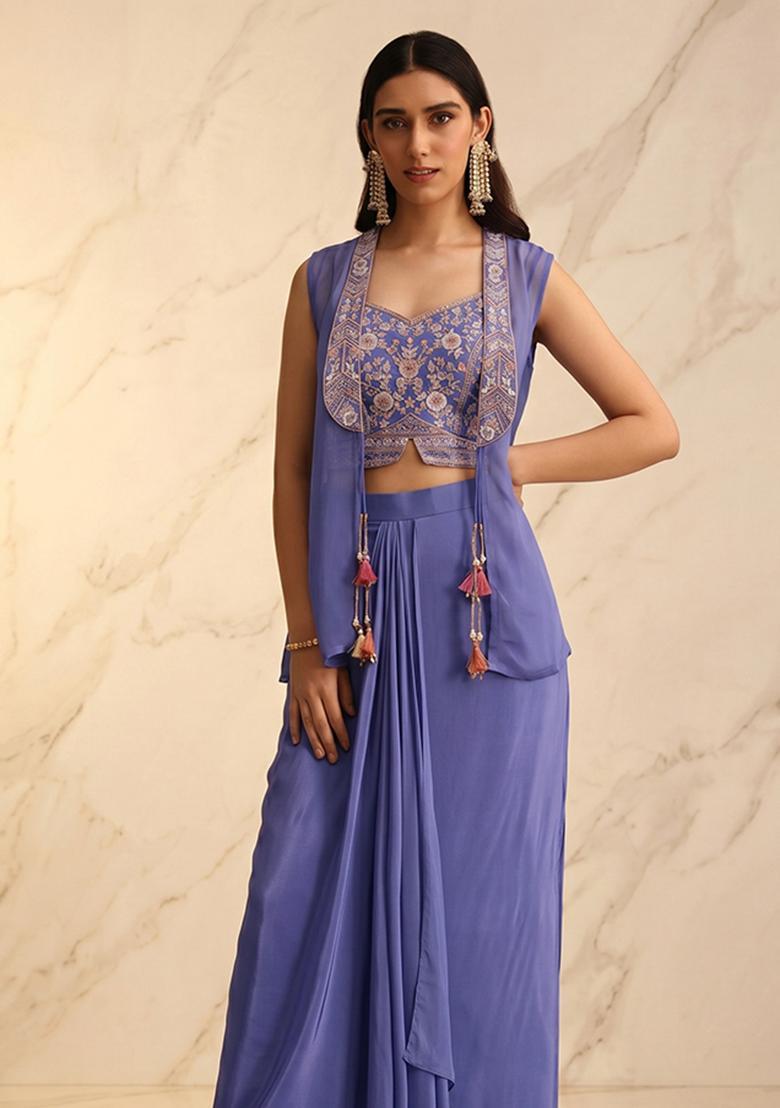 Periwinkle Blue Handwork Fusion Set - Indya
