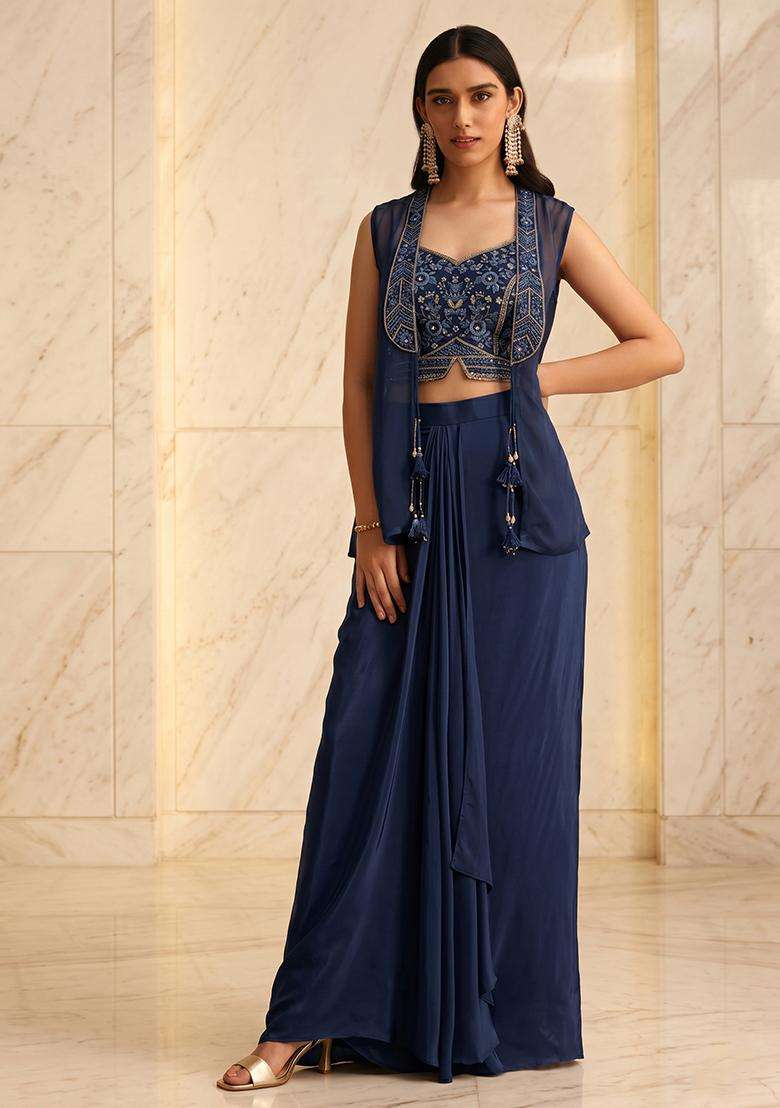 Navy Blue Handwork Fusion Set - Indya