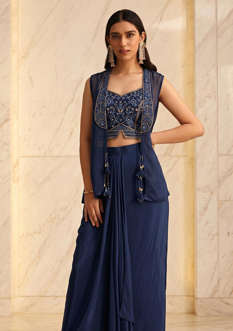 Navy Blue Handwork Fusion Set - Indya