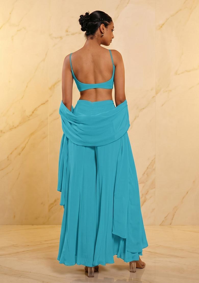 Turquoise Blue Handwork Fusion Set - Indya