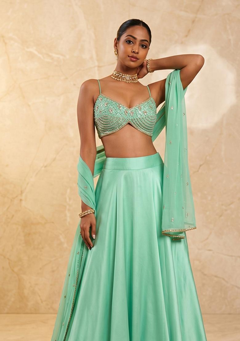 Mint Green Handwork Lehenga Set - Indya