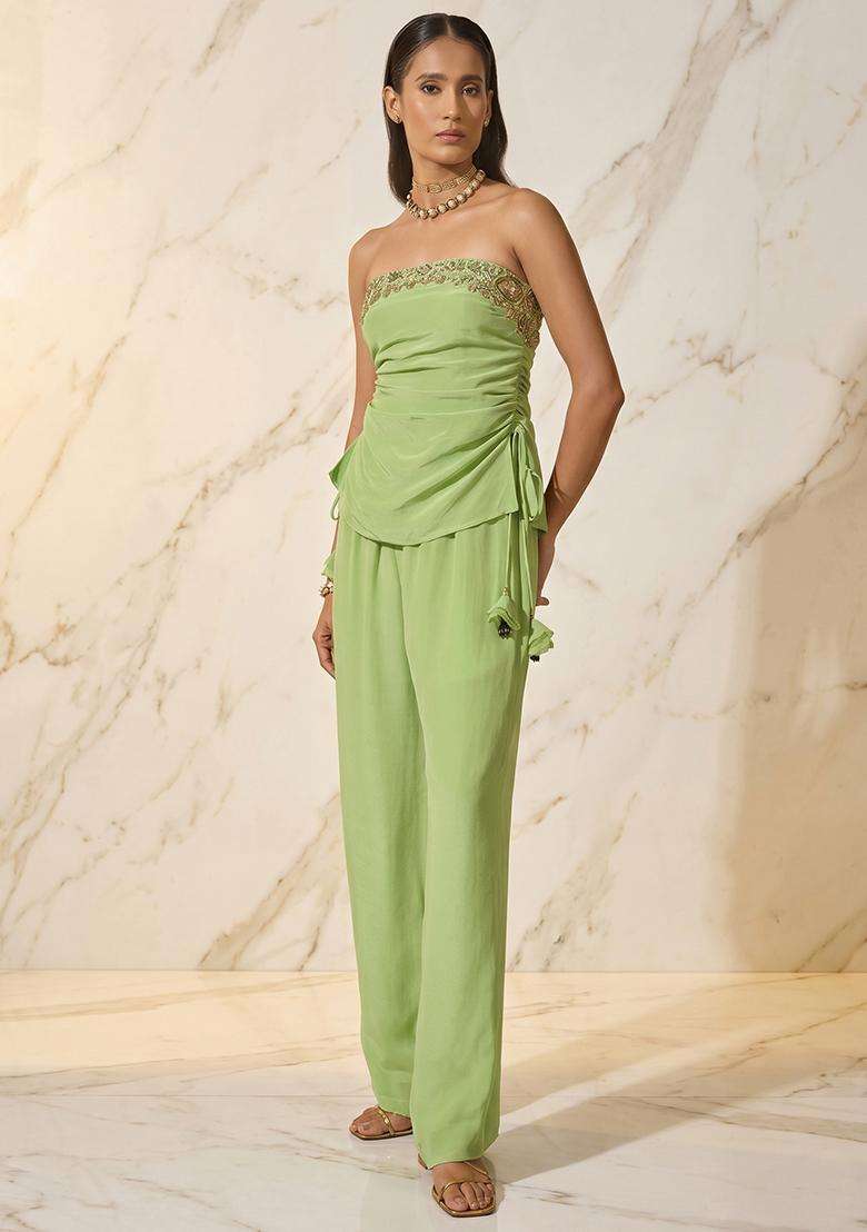 Mint Green Handwork Fusion Set for Diwali and Festive Wear - Indya