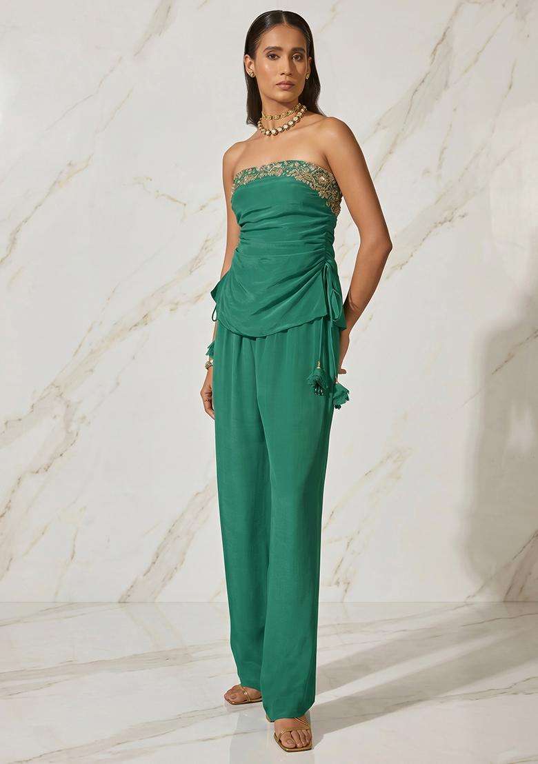 Emerald Green Handwork Fusion Set for Diwali and Festive Wear - Indya