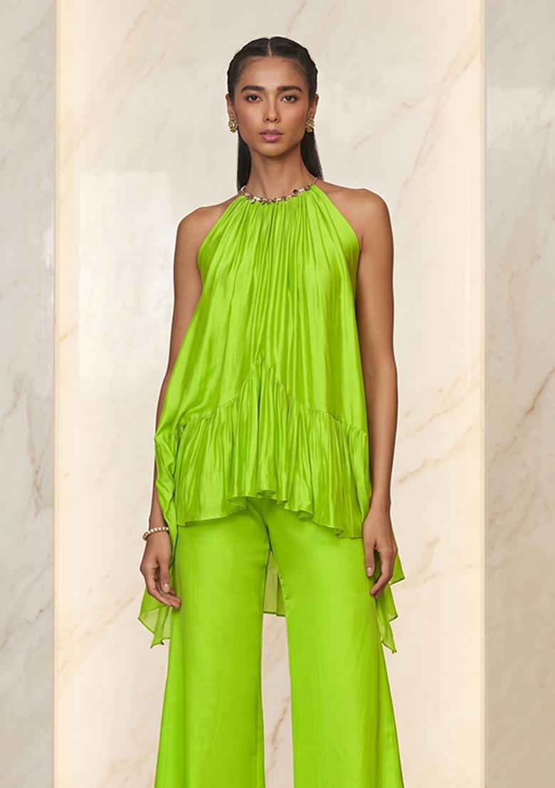 Lime Green Handwork Fusion Set - Indya