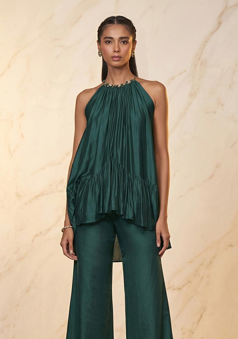 Bottle Green Handwork Fusion Set - Indya