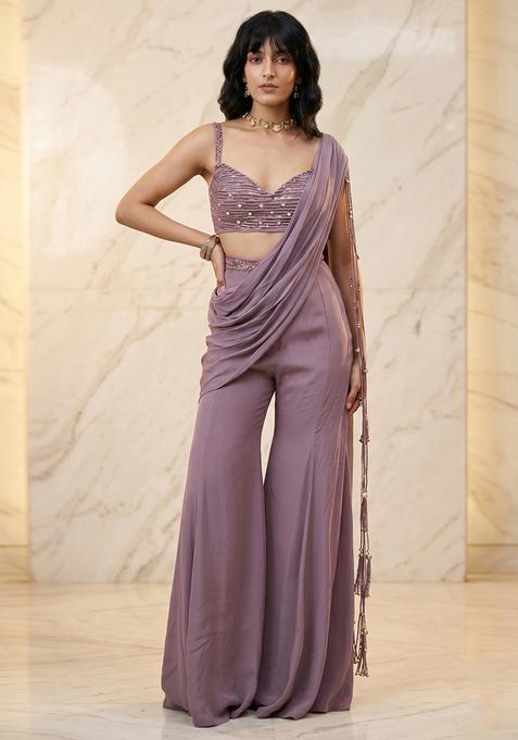 Mauve Handwork Pre Draped Saree Set
