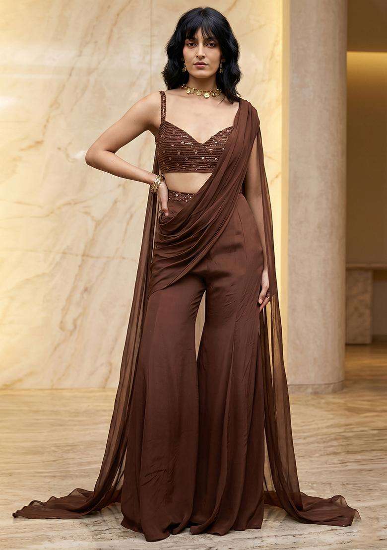 Chocolate Brown Handwork Fusion Set - Indya
