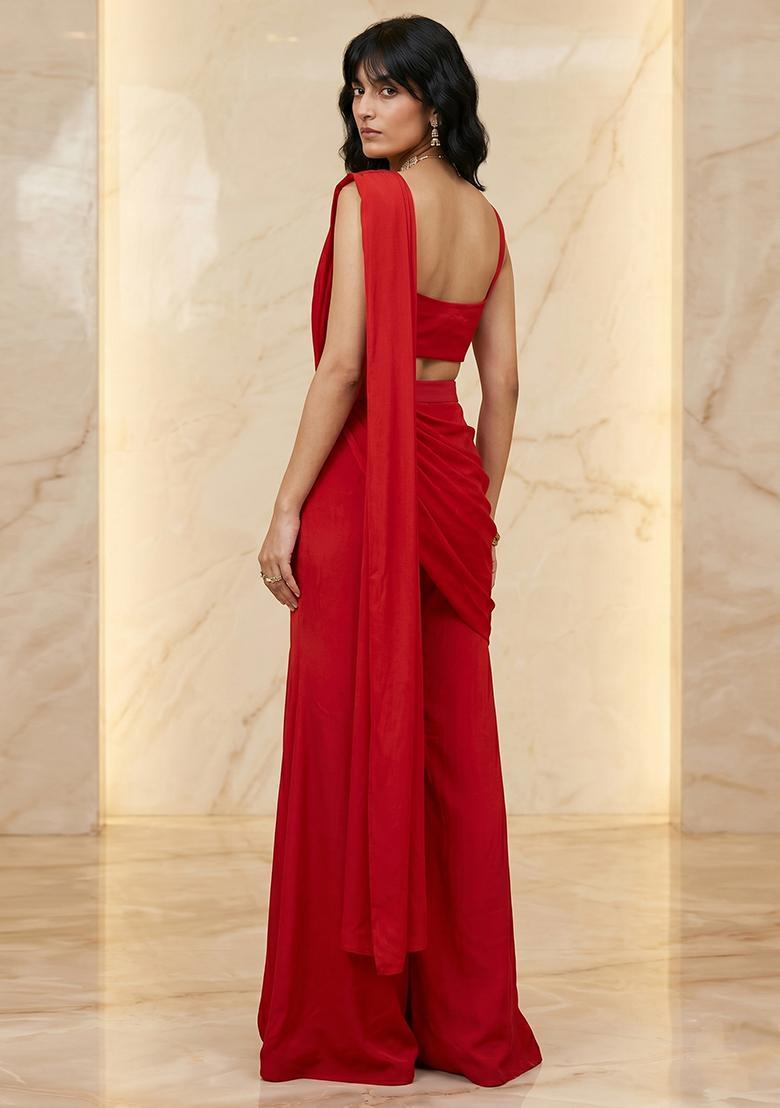 Red Handwork Pre Draped Saree Set - Indya