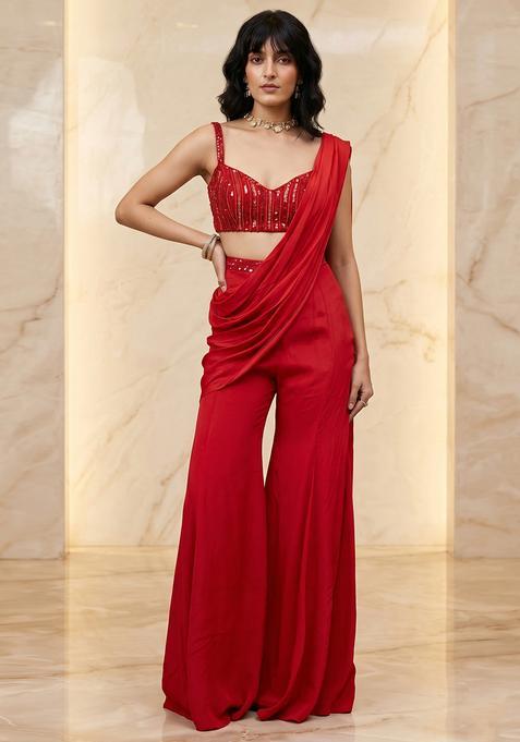 Red Handwork Pre Draped Saree Set