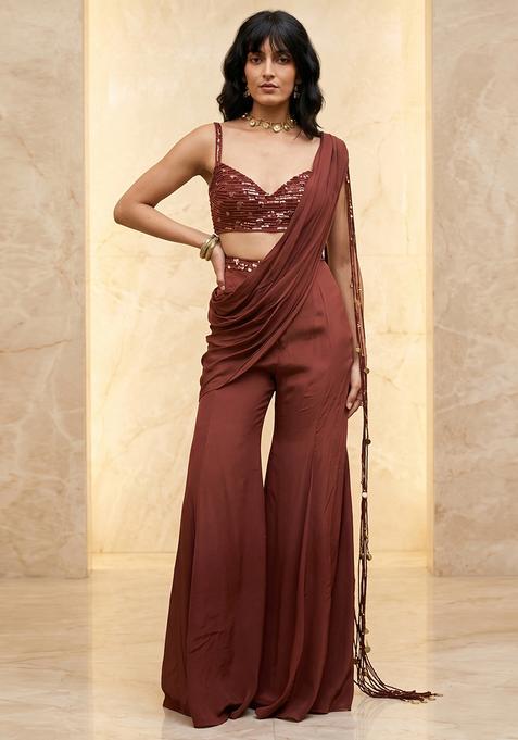 Brown Handwork Pre Draped Saree Set