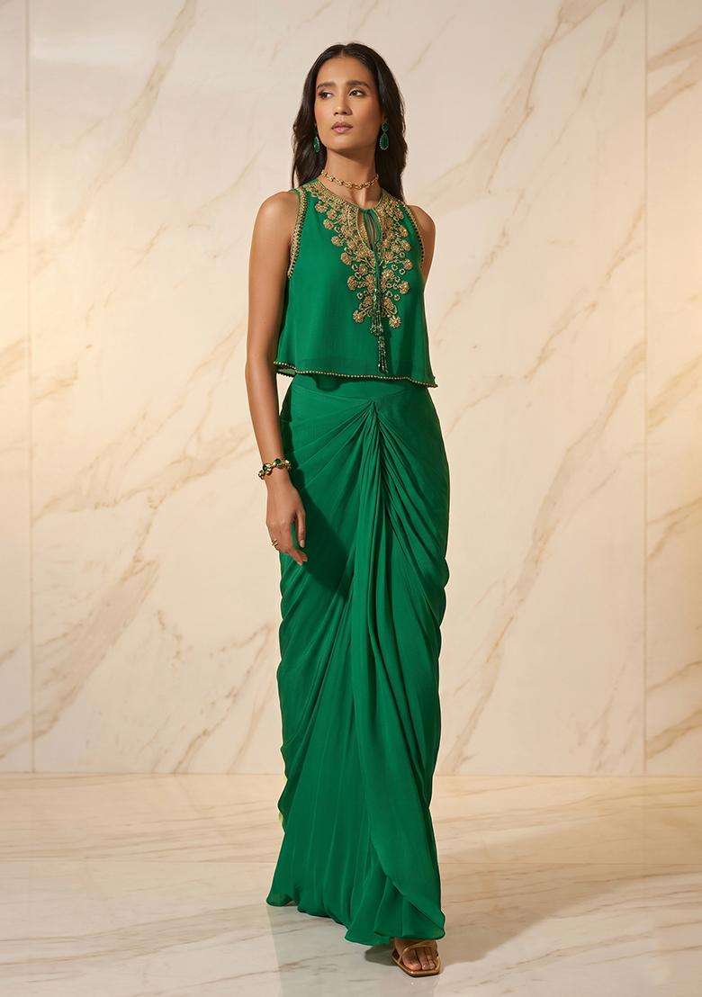 Emerald Green Handwork Fusion Set - Indya