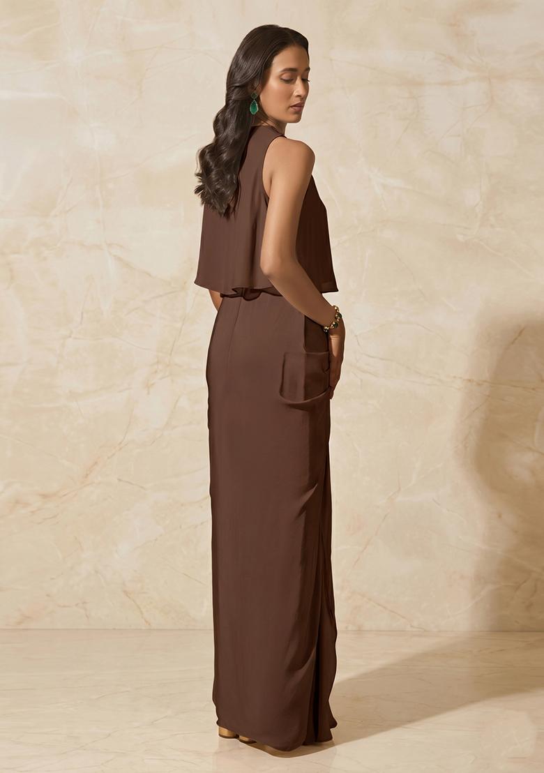 Chocolate Brown Handwork Pre Draped Saree Set - Indya