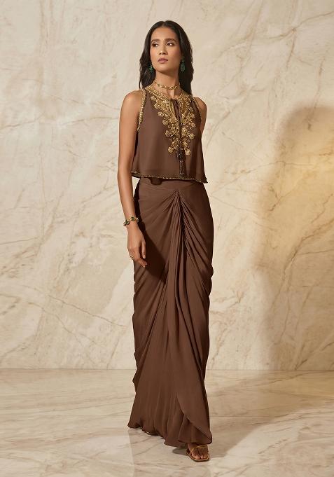 Chocolate Brown Handwork Pre Draped Saree Set