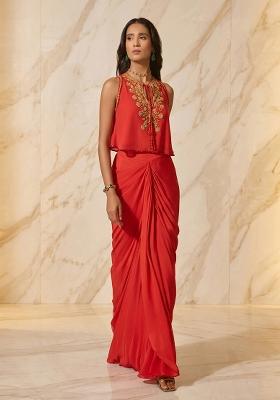 Red Handwork Pre Draped Saree Set
