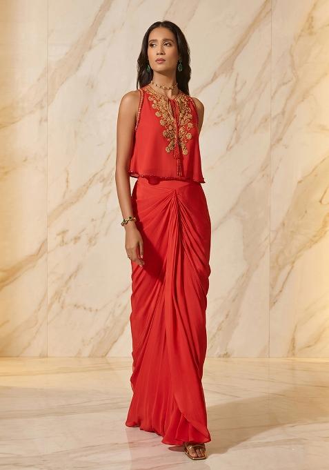 Red Handwork Pre Draped Saree Set