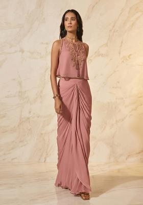 Onion Pink Handwork Pre Draped Saree Set