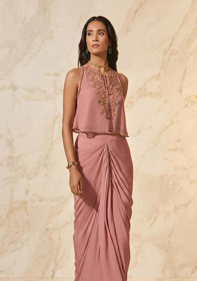 Onion Pink Handwork Pre Draped Saree Set - Indya
